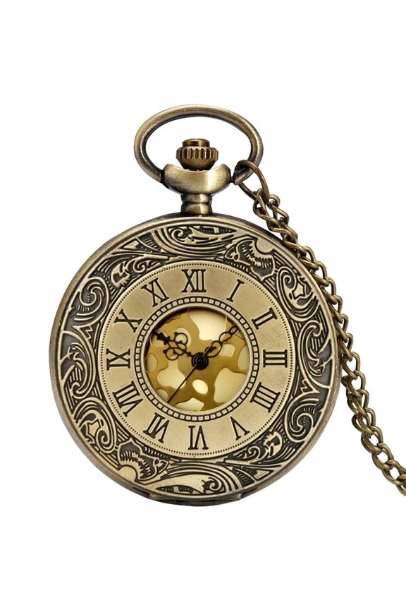 Vintage Pocket Watch for Men Women Roman Numerals Scale Quartz Bronze Fob Pocket Watches with Chain