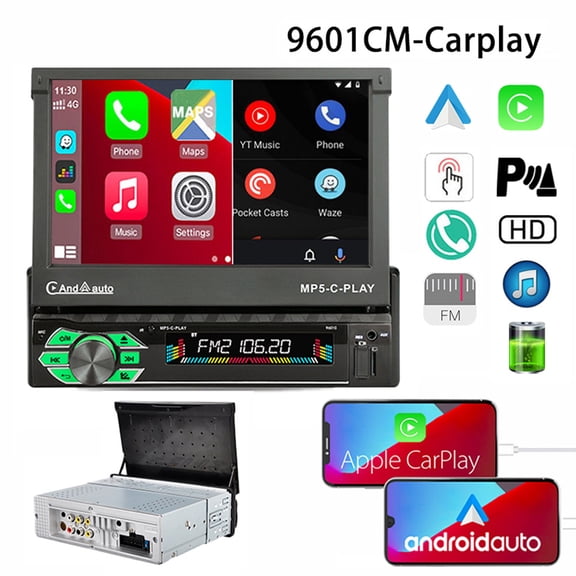 VIGORTHRIVE 7 Inch Single Din Retractable Touch Screen Car Stereo Support Carplay Android Auto Phone Link Hands-Free Calling MP5 Player
