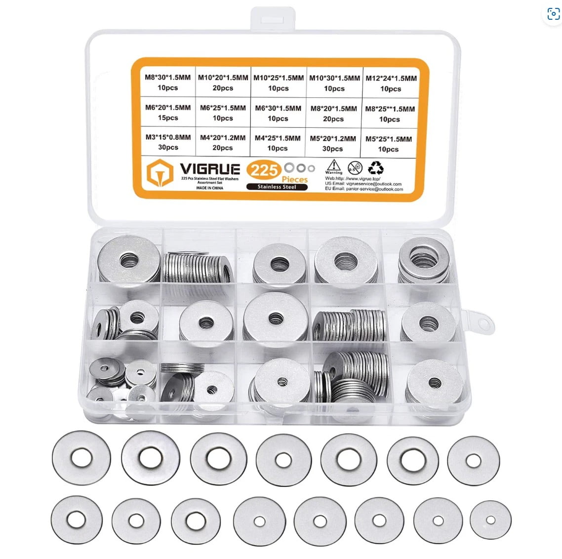 VIGRUE 225 Pcs Bolts and Screws Stainless Steel Metric Flat Washers Assortment