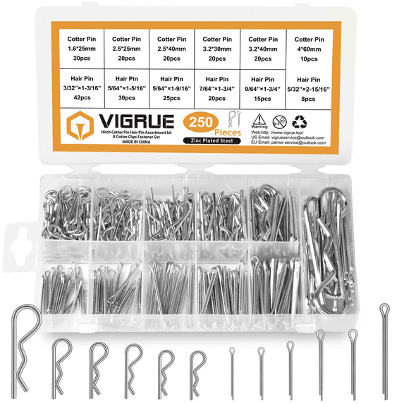 VIGRUE 250PCS Cotter Pin Hairpin Assortment Kit Zinc Plated Steel Hitch Pin Hair Pins R Clips Fastener Set Multiple Sizes