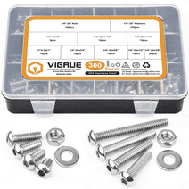VIGRUE 300pcs 304 Stainless Steel 1/4-20 UNC Hex Button Head Cap Screw Bolts Flat Washers Nuts Assortment Kit Machine Screws Set, 8 Sizes (Length from 3/8" to 2"), Upgraded Storage