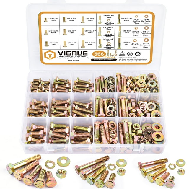 VIGRUE 566Pcs Heavy Duty Bolts and Nuts Assortment Kit, Grade 8 Hex