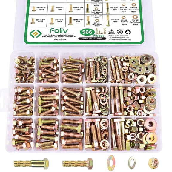 VIGRUE 566Pcs Heavy Duty Bolts and Nuts Assortment Kit, Grade 8 Hex Screws Bolts Nuts Kit, 1/4-20 5/16-18 3/8-16, 15 Common Sizes Included