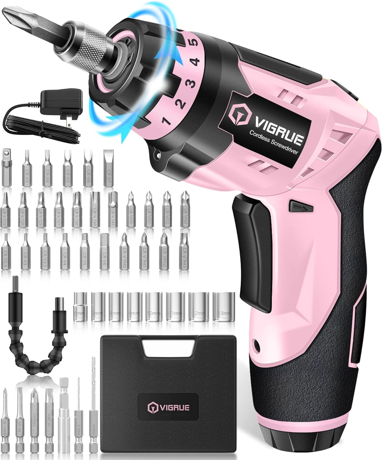 VIGRUE Cordless Screwdriver, 4V MAX 2000mAh Liion, with 45 Free Accessories, Battery Indicator