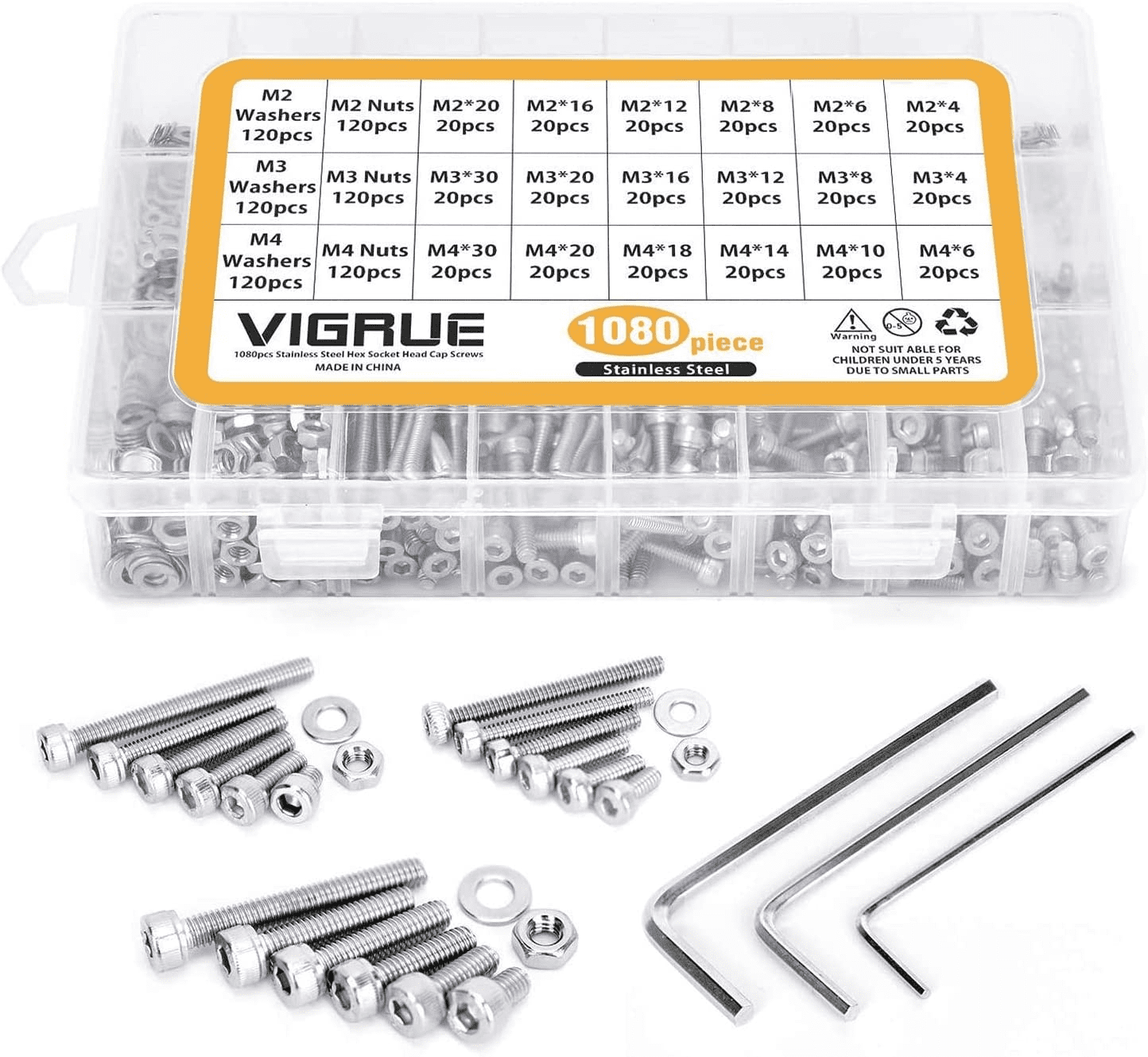 VIGRUE M2-M3-M4-1080PCS Stainless Steel Screws and Nuts, 1080 Pcs Hex Socket Head Cap, Silver