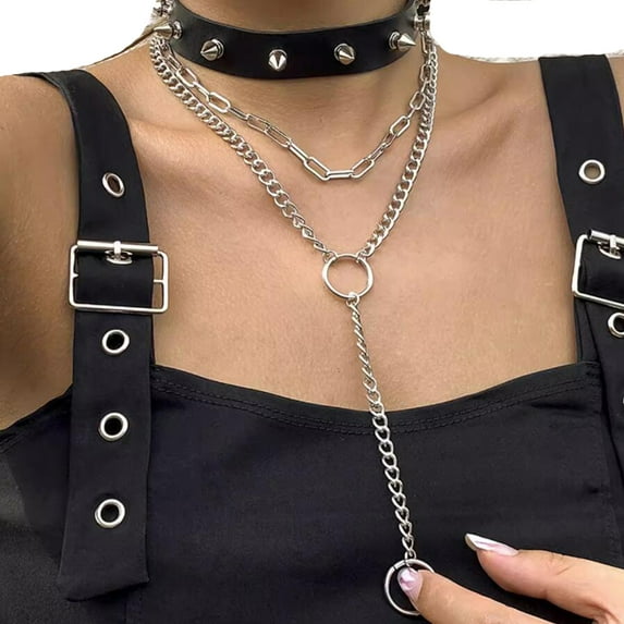 "VIGVAN Women Studded Cross Leather Choker Steampunk Style Gemstone Gothic Choker Alloy Metal Necklace (Long Chain Black)"
