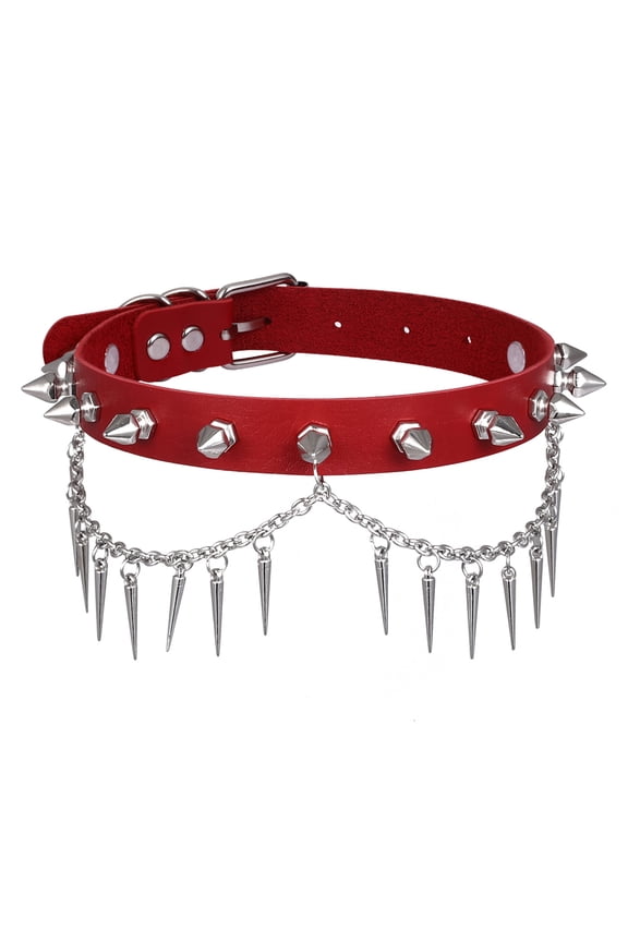 Women Studded Cross Leather Choker Steampunk Style Gemstone Gothic Choker Alloy Metal Necklace (Tassels Spike Red)