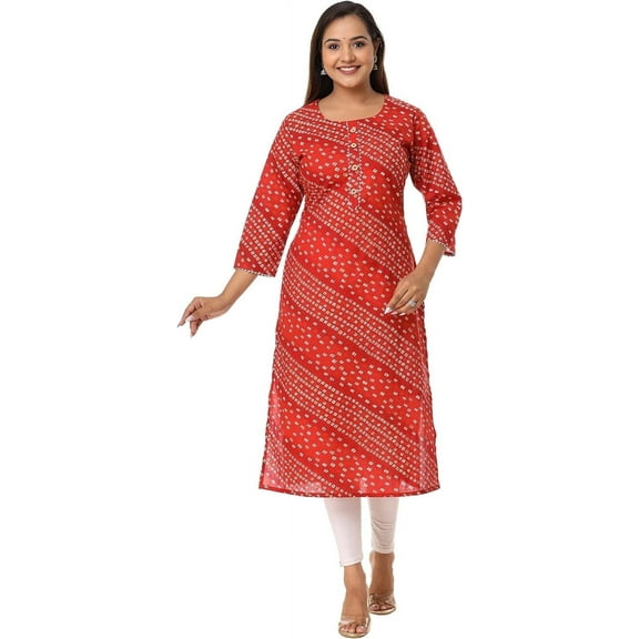VIHAAN IMPEX Bandhej Printed Casual Women's Knee-Length Pullover Kurta, Red Floral, XL