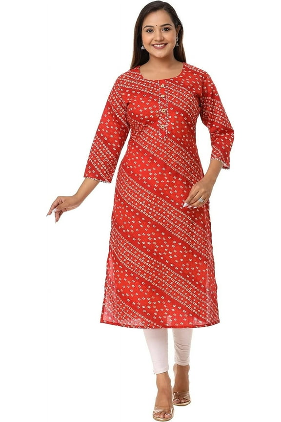 Bandhej Printed Casual Women's Pullover Tunic Top, Red, Large