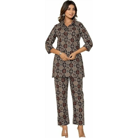 VIHAAN IMPEX Cotton Printed Black Co-Ord Set For Women Partywear Dress