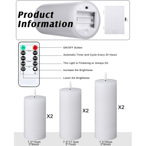 VIHOSE 6 Pack White Flameless Candles Set with Remote and Timer Flickering Flameless Battery Candles Flat Top LED Pillar for Wedding Outdoor Home Festival Decoration(D 3" H 6" 7" 8")