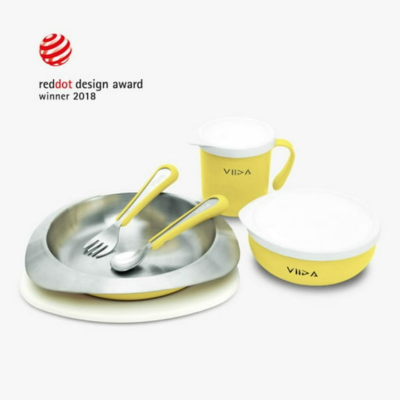 VIIDA Souffl Antibacterial Stainless Steel Kids Tableware Set - Lemon Yellow