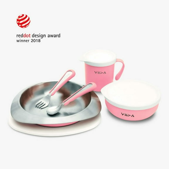 VIIDA Souffl Antibacterial Stainless Steel Kids Tableware Set - Taffy Pink