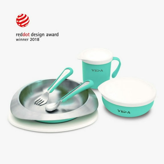 VIIDA Souffl Antibacterial Stainless Steel Kids Tableware Set - Turquoise Green
