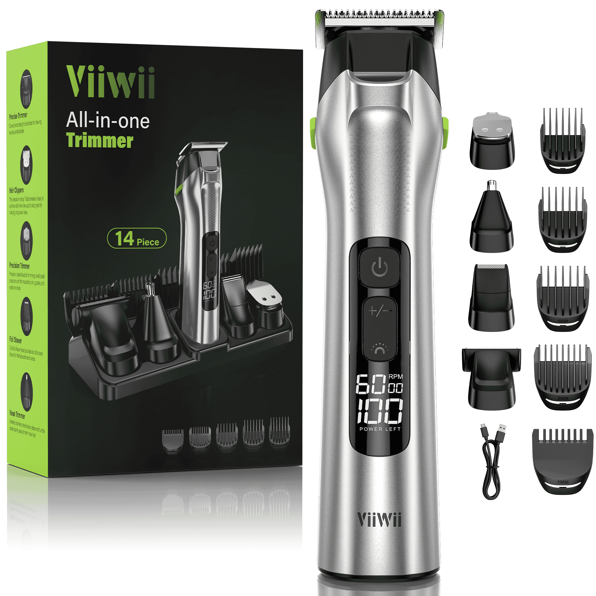 VIIWII Electric Beard Trimmer for Men - 14 in 1 Grooming Kit with Nose/Ear Hair Trimmer, Hair Clipper, Beard Trimmer & Accessories - Cordless & Waterproof