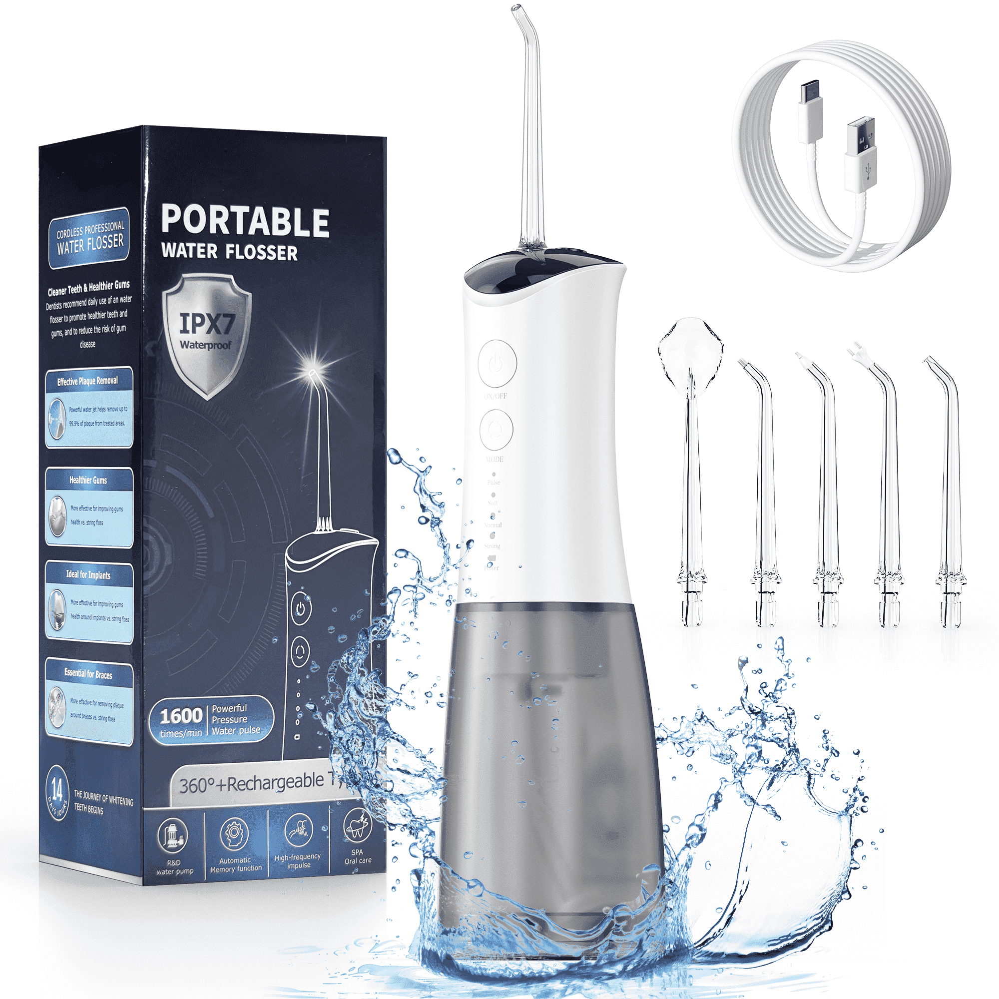 VIIWII Portable Water Flosser – 360ML Oral Irrigator for Teeth & Braces, IPX7 Waterproof, Rechargeable Dental Cleaner with 5 Nozzles, White