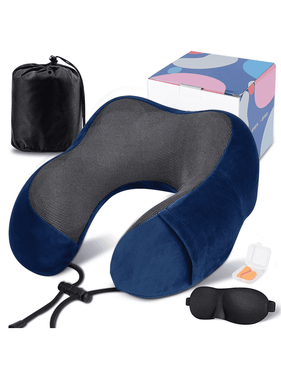 Travel Pillow for Adults Memory Foam Lightweight Neck Pillows for Sleeping on Airplane Navy Blue