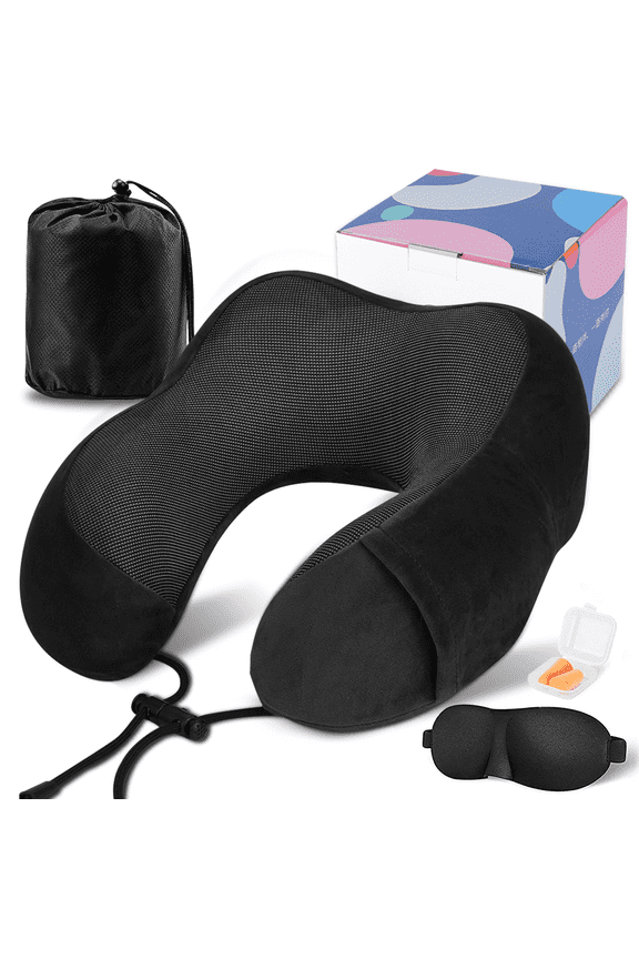 Travel Pillow for Adults Memory Foam Neck Pillows for Sleeping on Airplane Lightweight Black