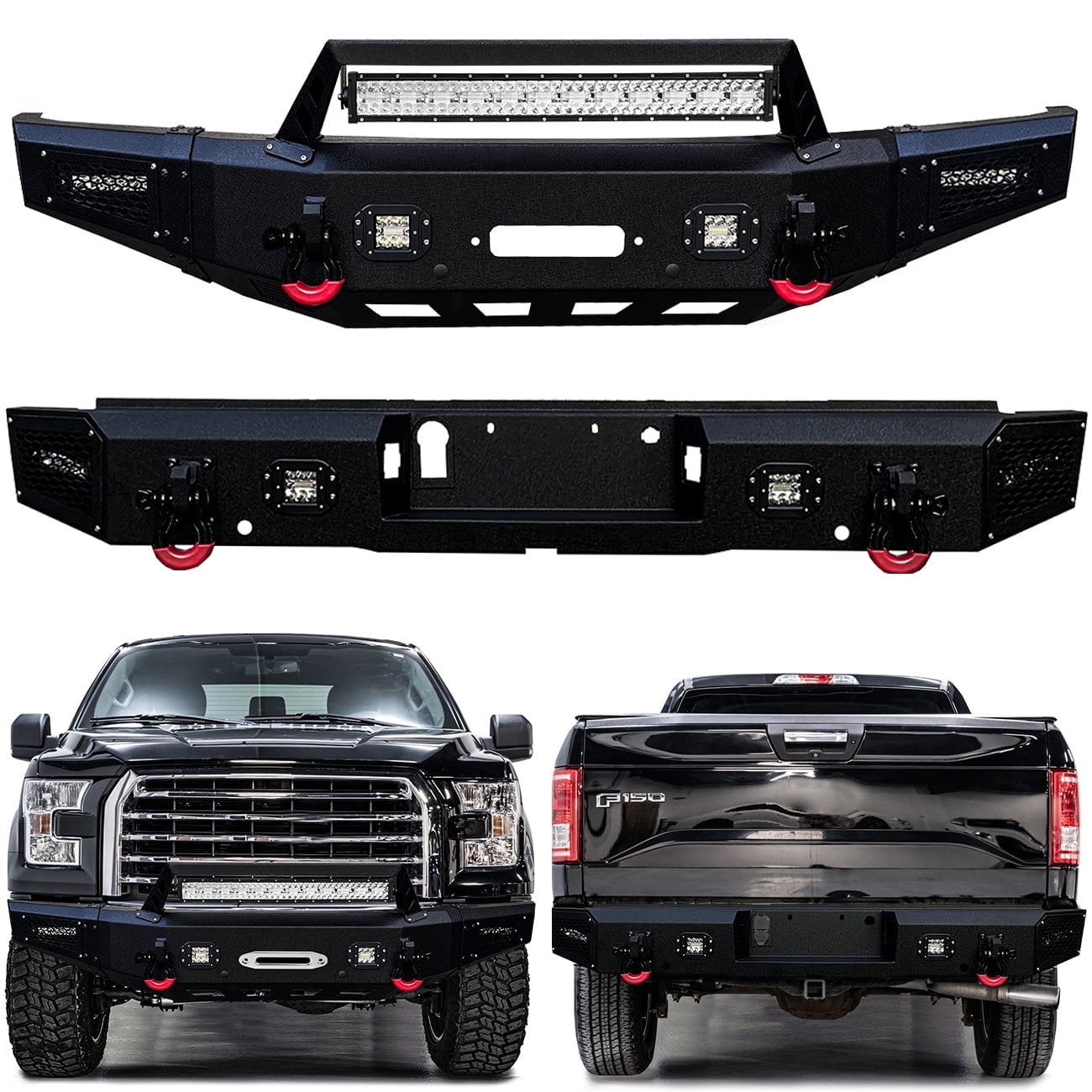 Vijay Compatible with 2015-2016-2017 Ford F150 Front and Rear Bumper Textured Black Steel with Light and D-ring