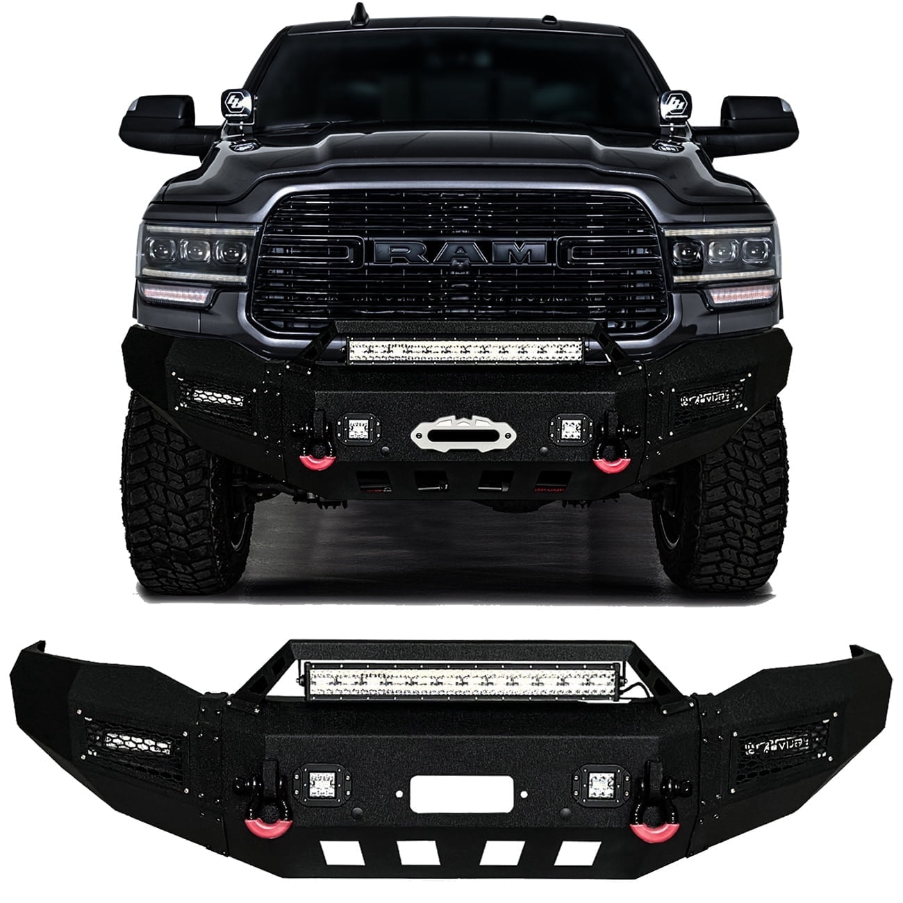 Vijay Front Bumper For 2019-2020-2021-2022-2023-2024-2025-2026 5th Gen Dodge Ram 2500/3500 Textured Black Steel with LED Lights and D-rings