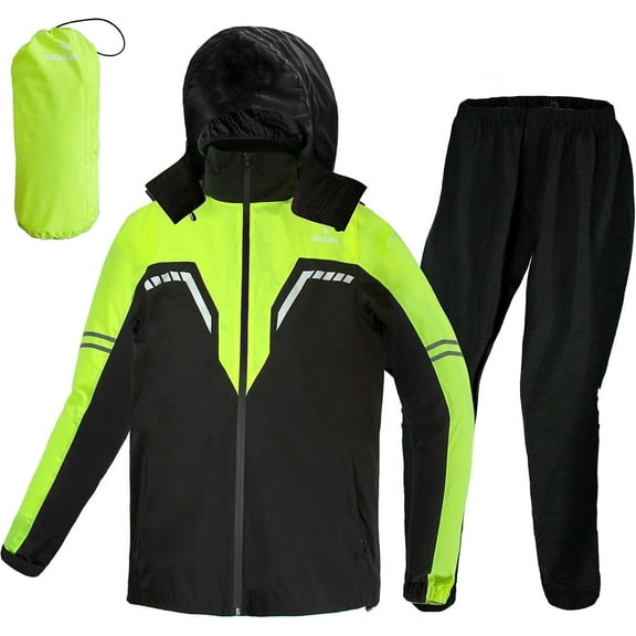 VIKAMAKA Motorcycle Men's Rain Suit,Waterproof Breathable Lightweight Hooded Reflective Rain Gear (Fluo&Black, Medium)