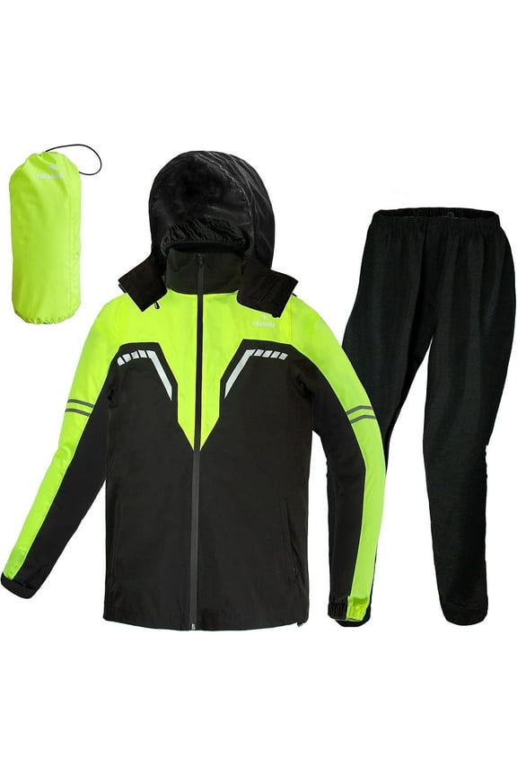 Motorcycle Men's Rain Suit,Waterproof Breathable Lightweight Hooded Reflective Rain Gear (Fluo&Black, Medium)