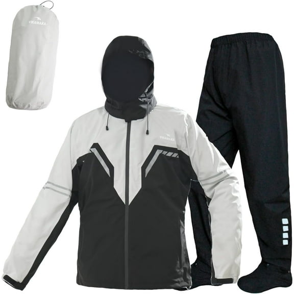 VIKAMAKA Motorcycle Men's Rain Suit for Men,Waterproof Breathable Lightweight Hooded Reflective Rain Gear for Cycling Fishing (Grey&Black, 3X-Large)