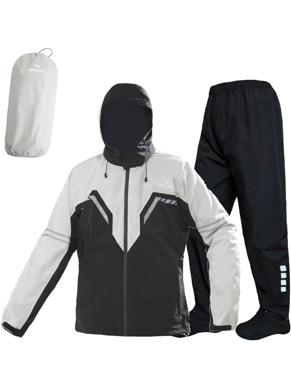 Motorcycle Men's Rain Suit for Men,Waterproof Breathable Lightweight Hooded Reflective Rain Gear for Cycling Fishing (Grey&Black, 3X-Large)