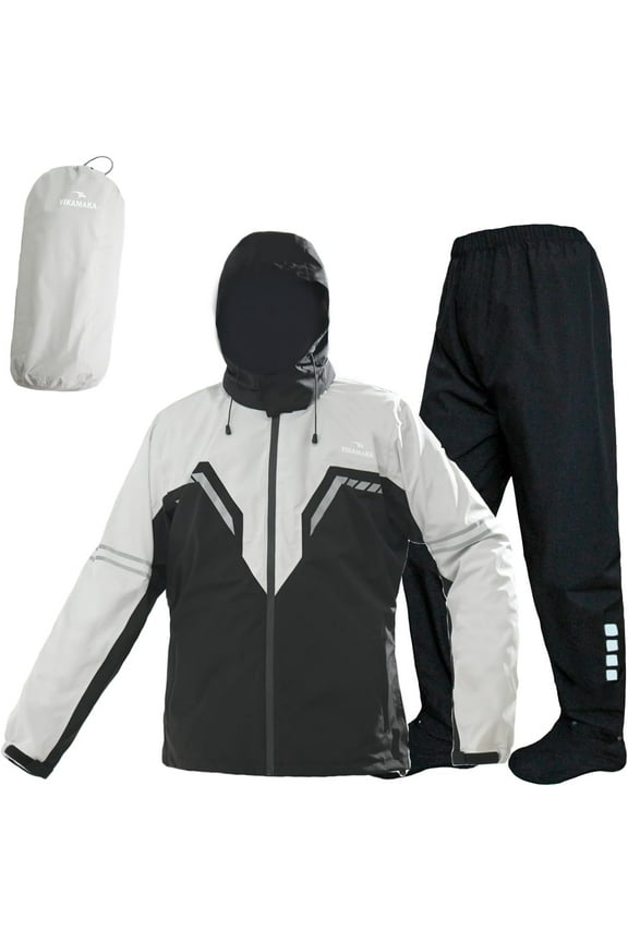 Motorcycle Men's Waterproof Breathable Lightweight Hooded Reflective Rain Gear, Grey&Black,XX-Large