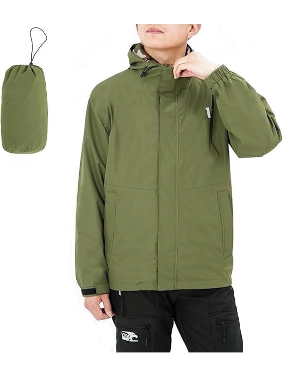 Packable Rain Coat for Men, Waterproof Hiking Windbreaker Jacket with Hood, Adjustable Cuffs, Multiple Zipper Pockets(Army Green,S)