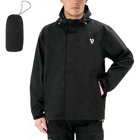 VIKAMAKA Packable Rain Coat for Men, Waterproof Hiking Windbreaker Jacket with Hood, Adjustable Cuffs, Multiple Zipper Pockets(Black,XL)