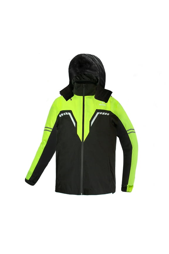 Rain Jacket for Men, Waterproof Breathable Lightweight Rain Coat with Hoodie for Motorcycle Cycling Fishing (Fluo&Black, Large)