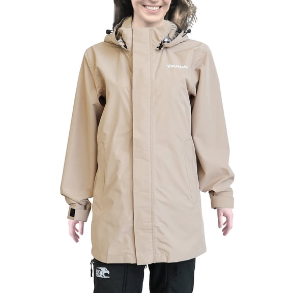 VIKAMAKA Women's Waterproof Long Raincoat with Detachable Hood Magnetic Closure and Reflective for Cycling Daily Wear(Khaki,XL)
