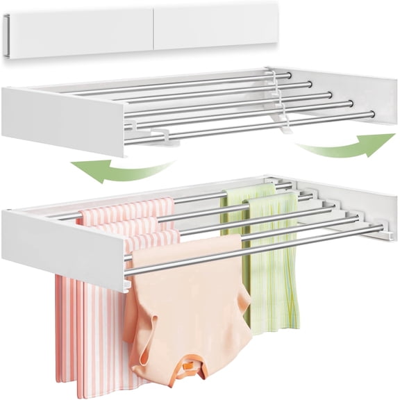 VIKAQI Drying Rack 40 inches, Foldable Wall Mount Laundry Rack Folding Indoor, Drying Rack Clothing Collapsible, Hidden Space Saver with Wall Template, 6 Rods, White
