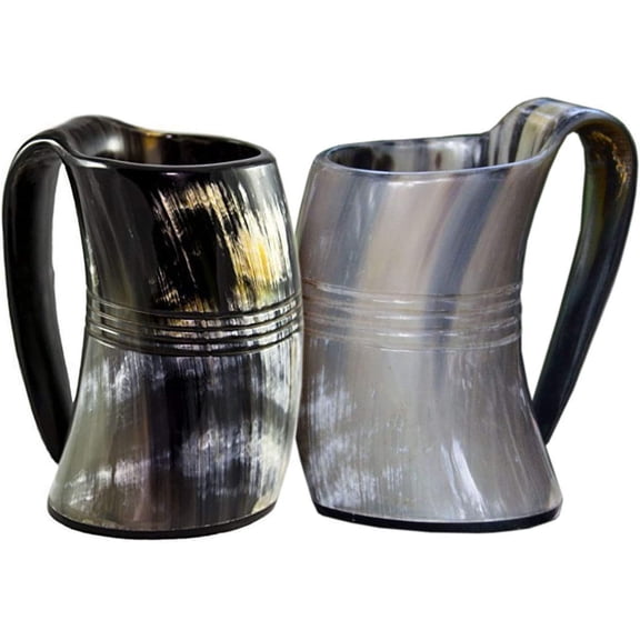 VIKING DRINKING HORN MUG (set of two) Handcrafted Ox Cup Goblet - Drink Mead & Beer Like Game of Thrones Heroes With This Large Tankard Stein - Great Craftsmanship A Perfect Present For Real