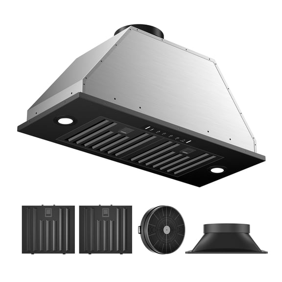 VIKIO 30" Under Cabinet Range Hood Insert 900 CFM Convertible Ducted to Ductless in Stainless Steel with 3-Speed and LED Lights, Black