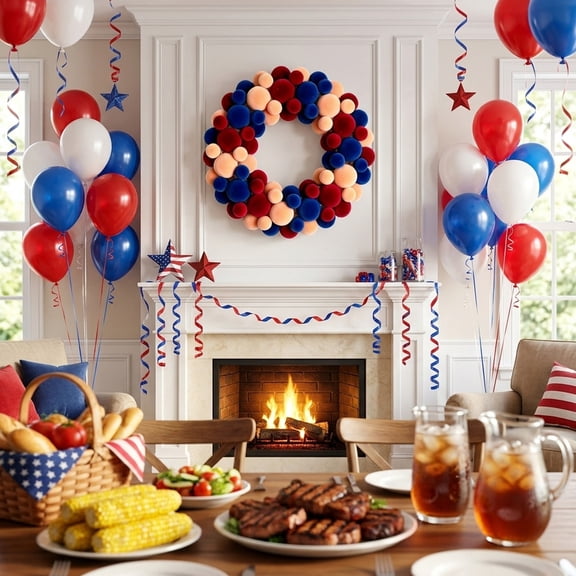 VIKSZOY 2026 PatrioticHoliday Gathering Celebration Decoration,Pompom Wreath Patriotic Theme In Red Blue And Beige Suitable As A Front Door Decoration And Home Decor For Independence Day