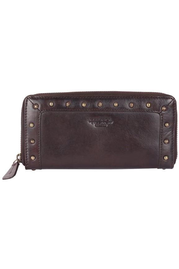 Vintage Genuine Italian Leather Boho Studded Wallet - Zipper Coin Purse & Credit Card Holder for Women (Brown) A101