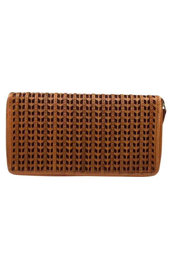 Womens Leather Wallet Brown Tan Large Zip-Around Woven Cut-out Design