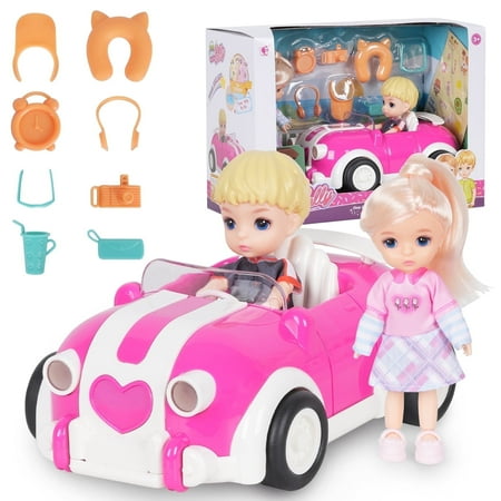 Doll & Car Pretend Play Set - Heart-Shaped Toy Truck with 2 Dolls & Accessories for Kids