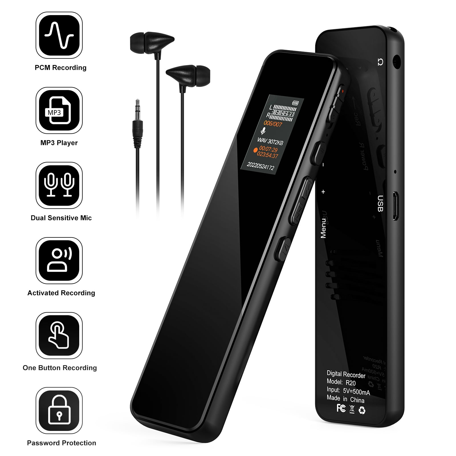 VILINICE R20 32GB Digital Voice Recorder with Password, Playback, USB