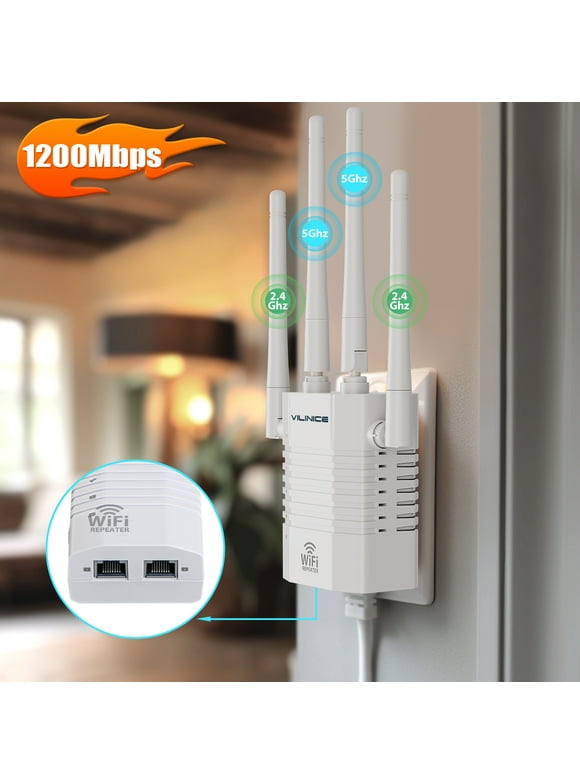 VILINICE WIFI Extender 1200Mbps, 8800sq.ft with Ethernet Port, 35+ Devices Support, Dual Band 2.4GHz & 5GHz WIFI Signal Booster, Internet Extender, Internet Booster for Smart Home