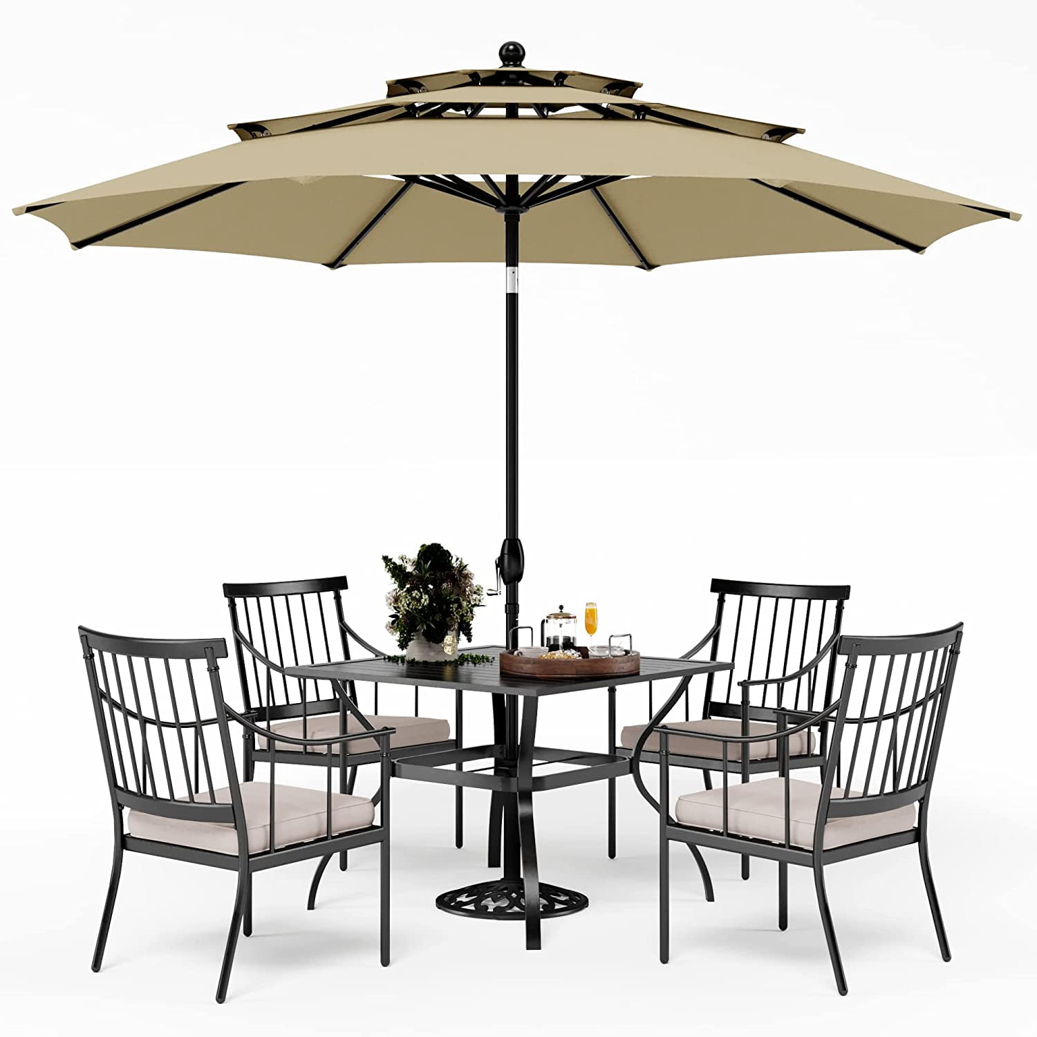 VILLA 5 Piece Outdoor Dining Set with 10ft Umbrella 37" Square Metal