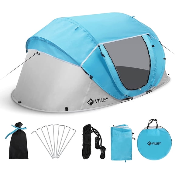 VILLEY 2 Person Pop Up Camping Tent, Waterproof Instant Setup Lightweight Dome Tent with Rainfly and Carry Bag for Camping and Hiking