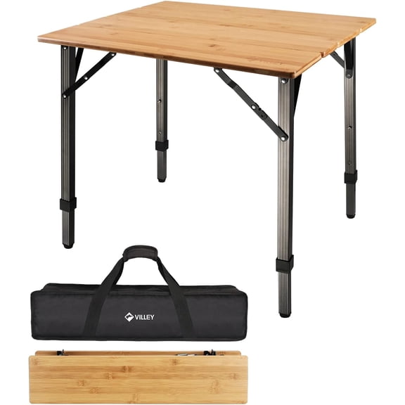 VILLEY Bamboo Folding Table, Portable Camping Table with Aluminum Adjustable Legs and Carry Bag, Heavy Duty 176 lbs Table for Travel RV Picnic Cooking Beach Outdoor and Indoor