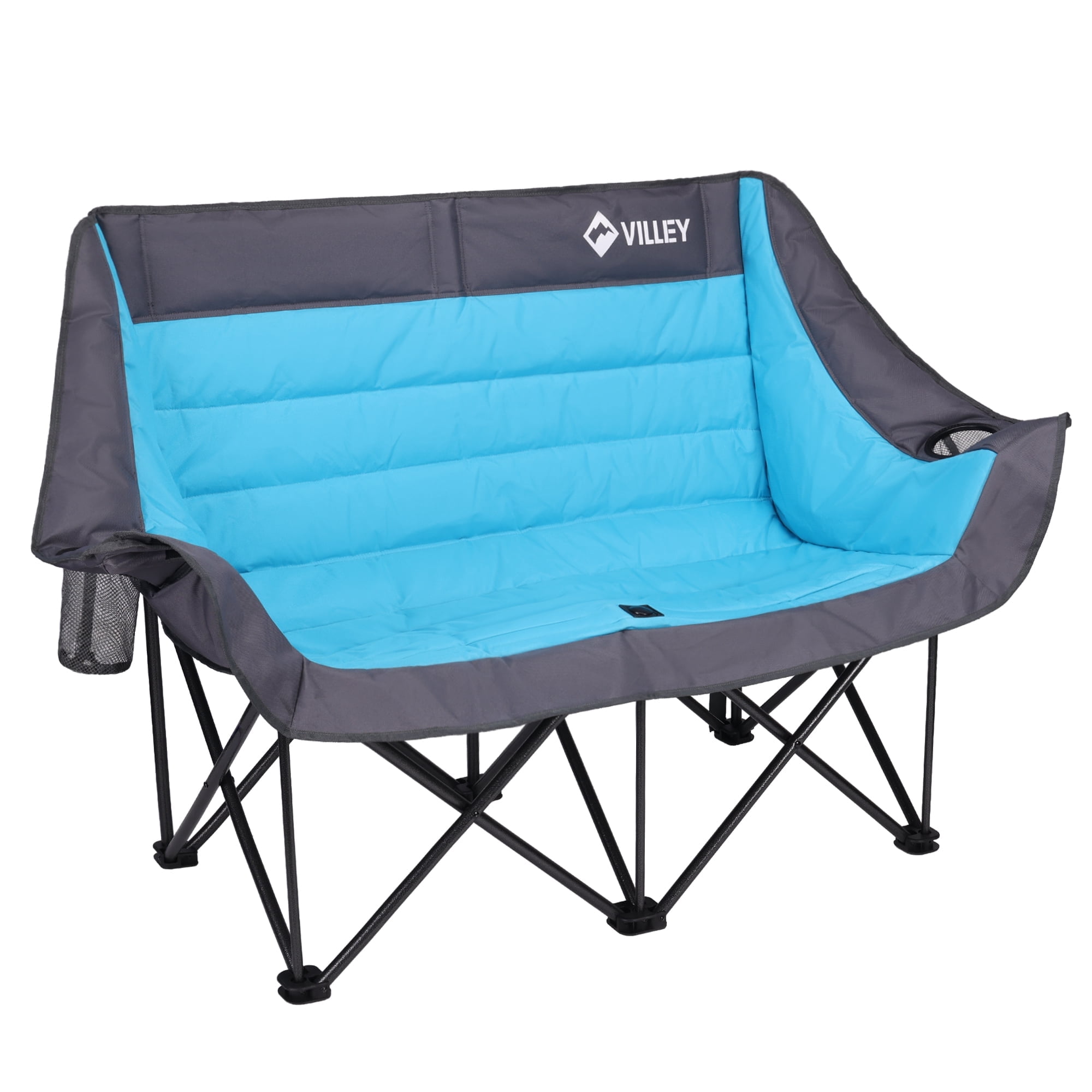 VILLEY Oversized Double Camping Chair, 800lbs Portable Folding Loveseat for Adults, Heavy Duty Oxford Fabric, XL 2 Person Padded Chair with Cup Holders for Outdoor Camping, Lawn, Backyard