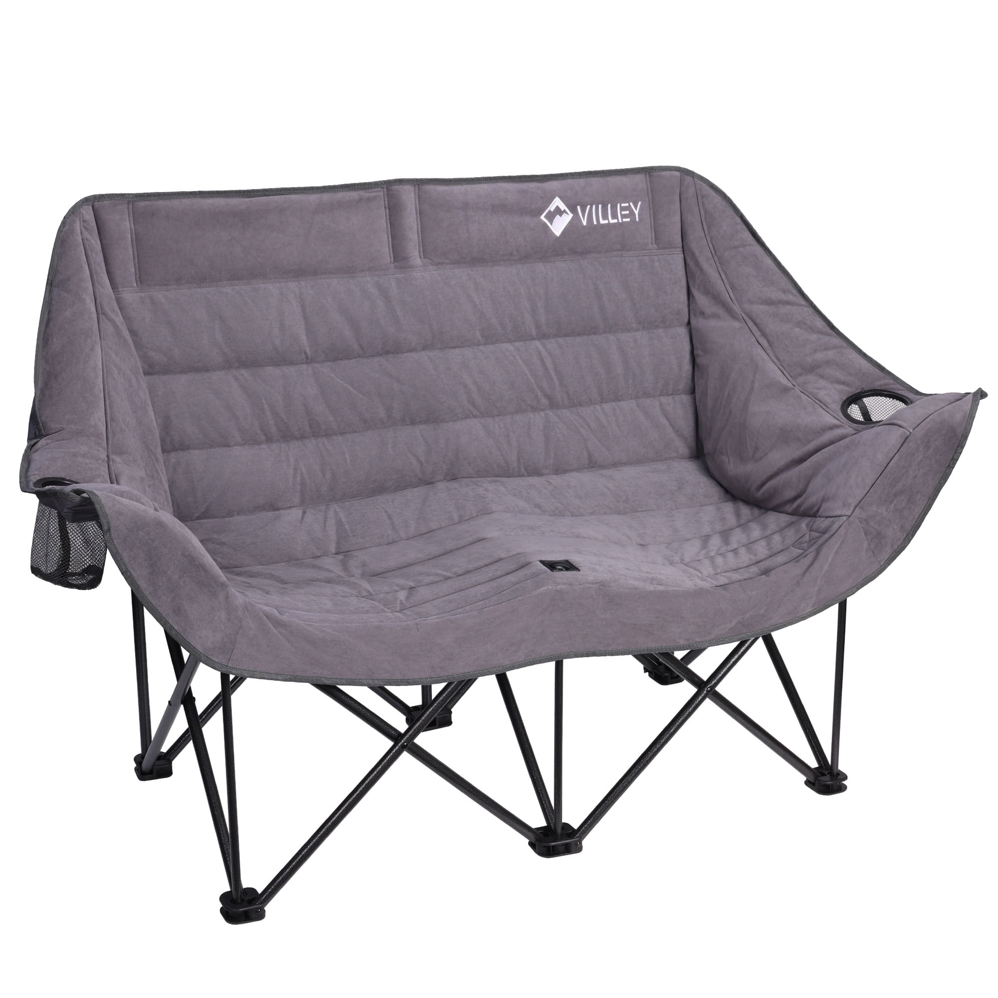 VILLEY Oversized Double Camping Chair, 800lbs Portable Folding Loveseat for Adults, Heavy Duty Suede Fabric, XL 2 Person Padded Chair with Cup Holders for Outdoor Camping, Lawn, Backyard