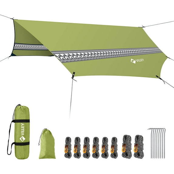 VILLEY Hammock Tent Rain Fly, Octagonal Waterproof Camping Tarp, Sun Shelter for Camping, Backpacking, Hiking, Accessory Includes Stakes, Ropes and Carry Bag (Green)
