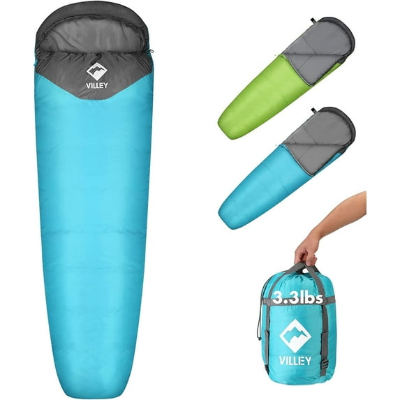 VILLEY Mummy Sleeping Bag, Lightweight Backpacking Sleeping Bag for Adults & Kids, Camping Hiking Equipment for 3-4 Seasons