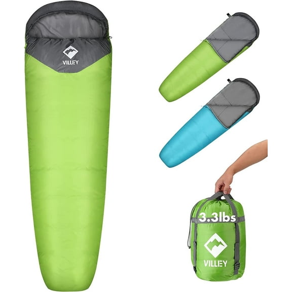 VILLEY Mummy Sleeping Bag, Lightweight Backpacking Sleeping Bag for Adults & Kids, Camping Hiking Equipment for 3-4 Seasons